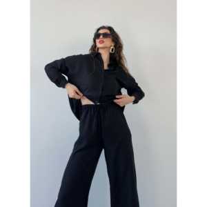 ชุดเสื้อและกางเกงเครปผู้หญิงสุดหรู 2 ชิ้น แขนยาว สีดำ ชุดลำลองสำหรับใส่ในชีวิตประจำวัน - Product Image 2