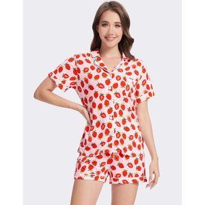 Conjunto de Pijama para Mujer, Manga Corta, con Botones, Estampado de Fresas, Tela Suave, Ropa de Dormir Informal para Chicas Jóvenes - Product Image 2