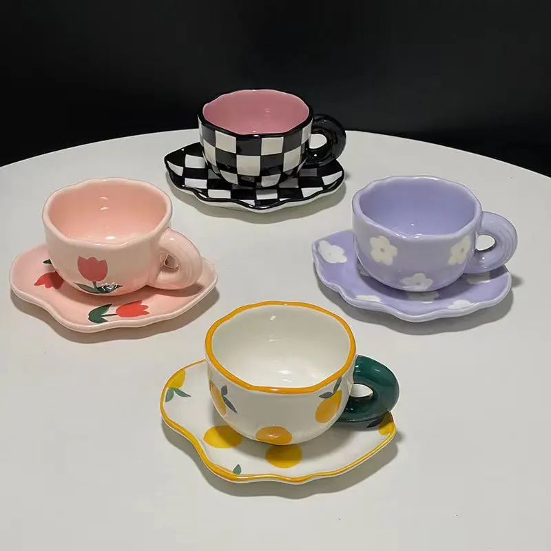 Wholesale Nordic handmade ceramic irregular coffee cup and saucer creative afternoon flower tea cup set cute household milk cup