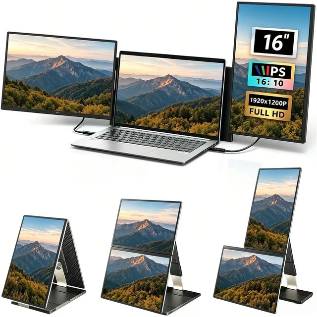 Dual Laptop Screen Extender Monitor for Triple Display Portable 16inch Magnetic Rotation Multi-Angle Stand for Win/Mac/Chrome