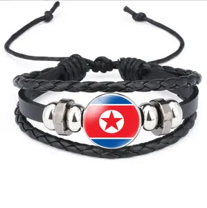 Banderas nacionales asiáticas, pulseras de piel de vaca con bandera de Corea del Norte, pulseras tejidas negras hechas a mano