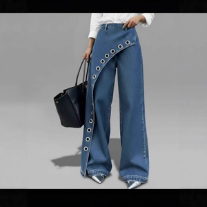 Pantalones Vaqueros Casuales de Pierna Recta y Ancha para Mujer, Diseño de Empalme Novedoso 2026, Color Sólido - Product Image 2