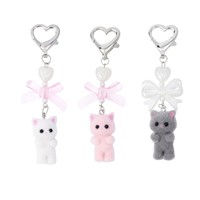 Porte-clés chaton mignon en PVC, pendentif en peluche floqué avec nœud perlé, porte-clés chat avec nœud pour téléphone portable, sac photo, breloques de sac