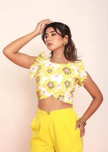Blusa Ligera con Estampado Amarillo Brillante y Volantes para Mujer, Camisa Casual de Verano, Estilo Moderno para Uso Diario - Product Image 3