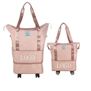 Pink Roller Foldable Bag With Wheels Pocket Waterproof Shoulder Travel Duffle Expandable Folding Travel Bag Carry On For Ladies