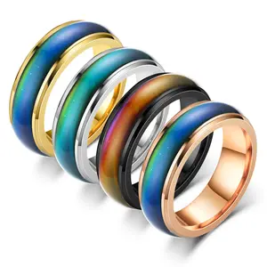 Drop Shipping Mood Change Color 6MM Stainless Steel Split Rings Customized Couple Ring Temperature Sensor Ring