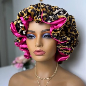 SOLPOP Bonnet de nuit pour femme en peluche motif léopard, doublure <span class=keywords><strong>satin</strong></span>ée double face, avec dentelle double couche à l'ourlet, idéal pour la maison - Product Image 6