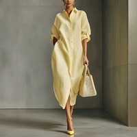 Robe midi ample à manches longues style chemise 2026 avec col et manches retroussables, ourlet fendu pour femme