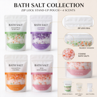 Sel de bain 500g en sachet refermable, naturel et biologique, aux senteurs de rose, lavande, eucalyptus et agrumes, pour bain relaxant, marque privée, coffret cadeau de sel de bain