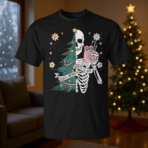 Sorta Scary Merry Christmas <b>Skeleton</b> Tree <b>T</b>-<b>Shirt</b> Black Unisex Adult Crew Neck Short Sleeve Silk Screen Printed - Product Image 3