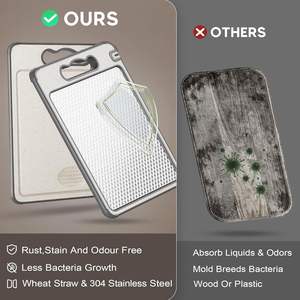 Planche à découper en acier inoxydable double face antibactérienne de qualité 304 pour la préparation des aliments en cuisine avec côté en plastique pour viande et légumes - Product Image 5