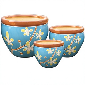 Ensemble de pots à fleurs modernes légers en céramique, design floral bleu, émaillé, pour l'intérieur et l'extérieur, 3 pièces - Product Image 3