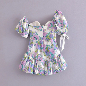 Nuovo Abito Estivo Stile Retrò Francese Floreale con Spalle Scoperte, Maniche Corte, Schiena Scoperta, Fiocco, Maniche a Sbuffo, Stile Streetwear, Vita Alta e Scollo a Barca - Product Image 2