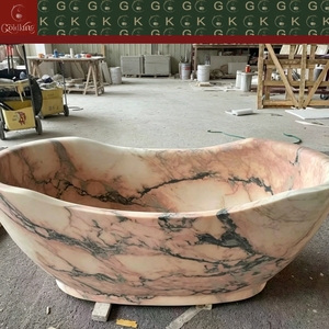 Baignoire ovale autoportante en marbre rose tabac GOLDKING Boutique Hotel <span class=keywords><strong>Spa</strong></span>, veines de charbon, bord asymétrique, sur mesure, OEM - Product Image 3