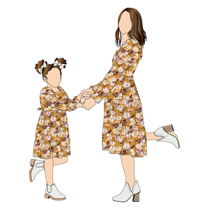 Abiti Coordinati Mamma e Figlia Little Glow, Personalizzati, Lussuosi, Traspiranti, in Tessuto Confortevole, Stile Vintage, Stampa Floreale Autunnale, Maniche Lunghe - Product Image 1