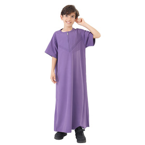 Túnica con cremallera de manga corta y cuello redondo para niños árabes musulmanes de Oriente Medio, caftán Thobe Thawb de Color sólido para niños - Product Image 3