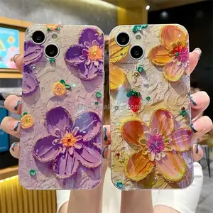 Excellent Oil Painting Big Flower IMD Printing With Gloss Blue Light Diamond TPU Silicone Phone Cover Case For Iphone 15 Pro Max