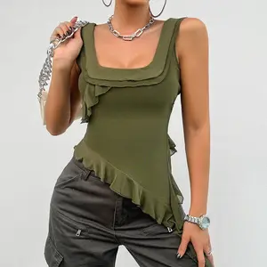 T936 Women Body U-neck Wooden Ear Edge Irregular Casual Versatile Sleeveless Vest Sexy Slim Crop Tops Shirts