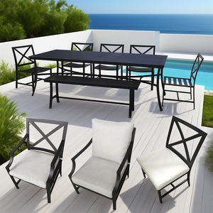 Bộ bàn ăn ngoài trời bằng nhôm 8 người | băng ghế mô-đun + Ghế cánh tay cong | sân thượng cao cấp & sử dụng cảnh biển - Product Image 2