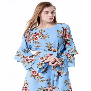 Setelan 2 potong motif bunga, Baju Kurung, setelan 2 potong, motif bunga, pakaian Muslim, lengan risleting, rok serasi panjang