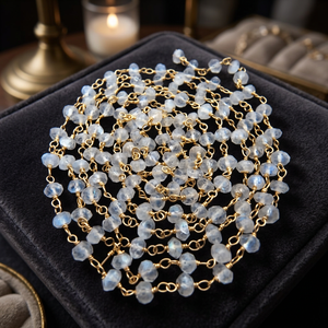 1 Foot-: Natural White Rainbow Moonstone Rondelle Faceted 3-4mm Beaded Wire Wrapped <b>Rosary</b> Chain - Product Image 1