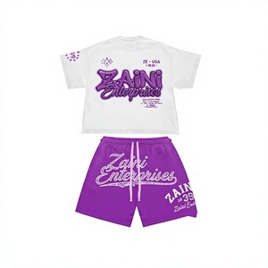 ZAINI Premium 280 GSM 100% Polyester White <b>Purple</b> T Shirt Short Set Custom DTF Logo Oversized Streetwear Breathable Crew Neck - Product Image 1