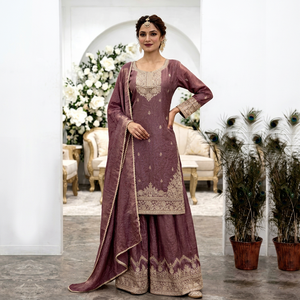 Ensemble Kurta traditionnel indien pakistanais en soie violette pour femmes, longueur au sol, avec dupatta, coupe régulière, tenue ethnique toutes saisons - Product Image 1
