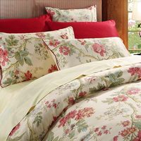Ensemble de housse de couette 3 pièces en coton 100% avec motif de feuilles de fleurs rouges, réversible, beige, 400TC, pour usage hôtelier, facile d'entretien, doux et durable