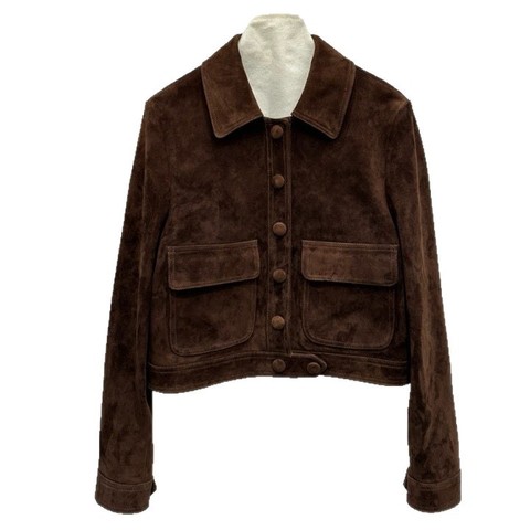 5258 Fashion Design Goatskin Suede Small Lapel Workwear Style Single Breasted Casual Long Sleeved Short Jacket for Ladies 2026