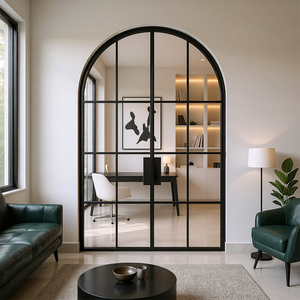 Portes françaises cintrées intérieures avec verre cannelé pour maisons, cadre noir, porte en verre à battants, manuelle pour appartement - Product Image 6