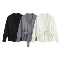 Ensemble 2 pièces PB&ZA Femme 2026 – Pull tricoté à manches longues avec ceinture et pantalon long – Tenue décontractée vintage unie pour femme