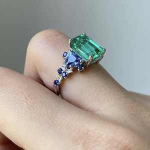 <b>Silver</b> Alloy <b>Ring</b> With <b>Emerald</b> Cut Green Stone And Blue Accents Prong Setting Geometric Design For Women Gift Jewelry - Product Image 1