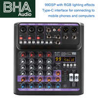 Console de mixage audio 5 canaux BHA AP05 avec 99 DSP, éclairage RGB, interface Type C pour connexion téléphone/PC, idéale pour le DJing, le streaming en direct et l'enregistrement