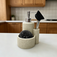 Distributeur de savon liquide 3-en-1 en résine texturée effet grès pour cuisine, support pour brosse à vaisselle et organiseur de rangement