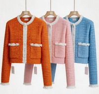 Veste courte en tweed orange à col rond pour femme, style pull ample en tricot bouclé, avec poches plaquées, marque privée