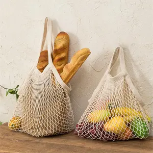 Grosir Eco tas jaring katun dapat dipakai ulang, tas jaring bahan katun tahan lama untuk sayuran bawang kentang dan buah