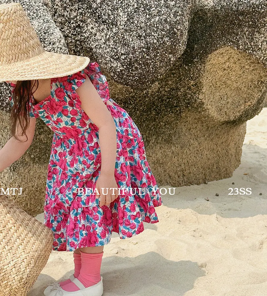 2023 koreanisches Design Kleinkind Baby Mädchen Fliegen ärmel Kleid Kleinkind Kinder rosa Blumen kleider für Sommerkleid ung 72