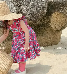 2023韓国デザイン幼児赤ちゃん女の子フライスリーブドレス幼児子供ピンクフラワードレス夏服72
