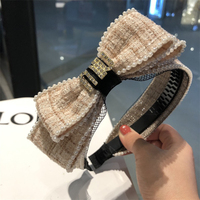 Serre-tête large en tweed avec nœud en fausses perles, accessoire de mode pour femme, de marque de créateur