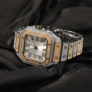 THE BLING KING Iced Out Men Watch Square Diamond Quartz Luxury Men orologi da polso orologio in acciaio romano dorato
