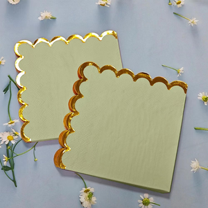 Serviettes en lin brodées blanches à bord festonné avec broderie festonnée vert olive pour mariage, hôtel, restaurant (vente en gros) - Product Image 2