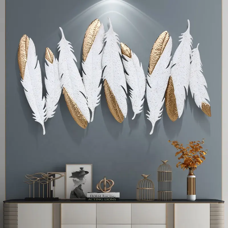 Nordic Style Creative Restaurant Wall Light Luxury Decoration Modern Simple Large Feather Metal Art 3D Wall Hanging for Home