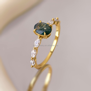 Pendientes de compromiso y boda de ágata musgosa con baño de oro de 18 quilates, anillos de buena suerte para mujer, antideslustre. - Product Image 3