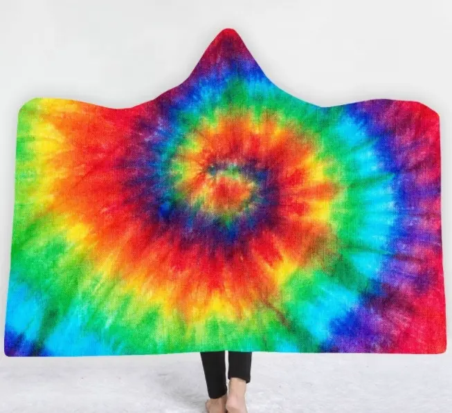 Logo personalizzato promozionale personalizzato Tie Dyed Print tappeto in morbido pile coperta indossabile con cappuccio con fodera in pelliccia Sherpa