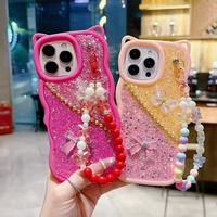 Coques de téléphone BAILI à la mode avec oreilles de chat mignonnes, bords ondulés colorés, papillon scintillant rose et chaîne pour ZTE A36/A54/A34/A56 Pro
