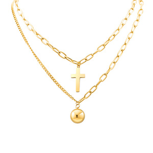 European American Style Gold Plated Titanium Steel Double Layer <b>Cross</b> Necklace Unisex Short Multi Layer Clavicle <b>Chain</b> - Product Image 5