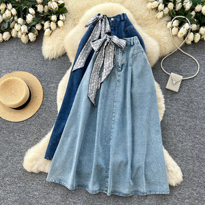 Gonna da <span class=keywords><strong>donna</strong></span> primaverile in seta artistica coreana retrò, stile cowboy, semplice, per il commuting, a vita alta, sottile, a trapezio - Product Image 1