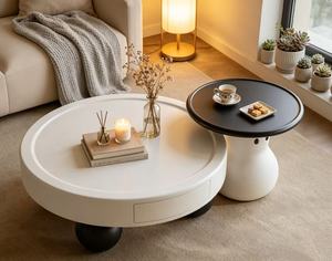 Modern <b>Round</b> Coffee <b>Table</b> With Storage Drawer <b>White</b> Plastic Minimalist Living Room Furniture - Product Image 6