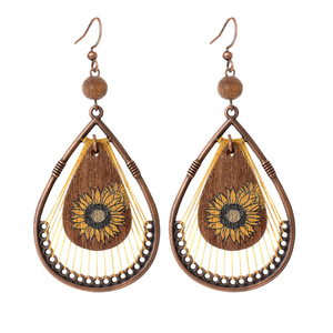Original Design Bohemia Wooden Water <b>Drop</b> Earrings Antique <b>Bronze</b> Plated Handmade Sunflower Pattern Women's Fashion Jewelry - Product Image 5