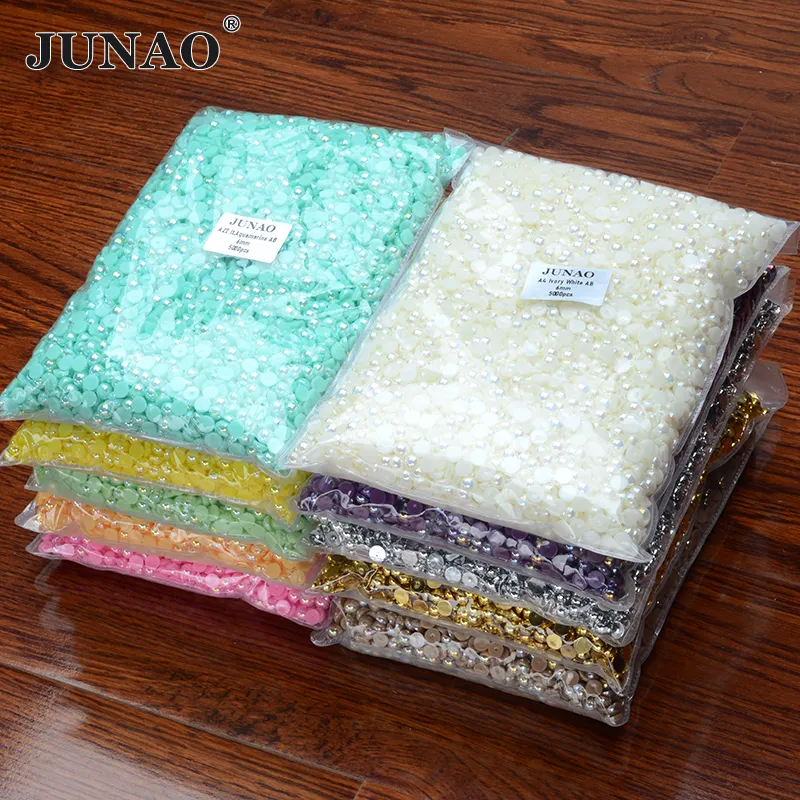 JUNAO Pabrik Jual Panas 1.5Mm-20Mm Paket Massal Setengah Cut Manik-manik Mutiara ABS Pipih Mutiara Berlian Imitasi untuk Gaun
